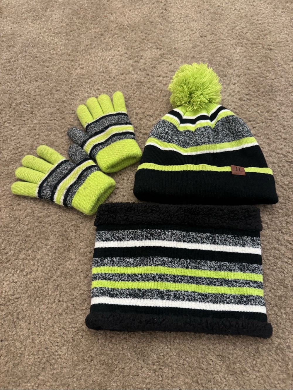 Kids Neon Yellow & Black Stripe Winter Hat, Gloves & Neck Warmer Set